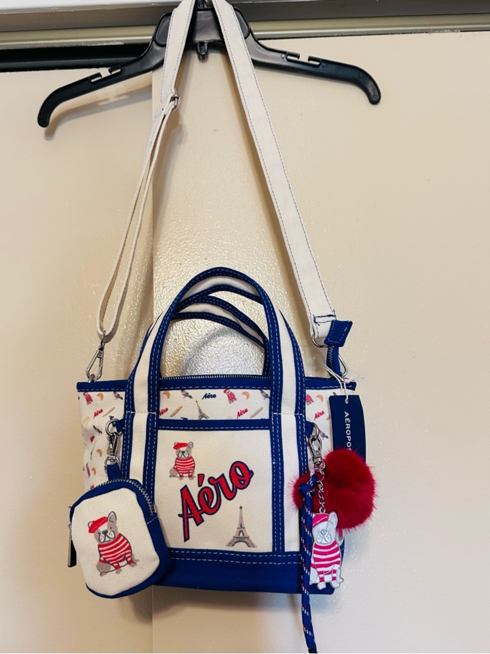 Aeropostale White, Royal Blue & Red Mini Tote with Pom Charm - Picture 7 of 10